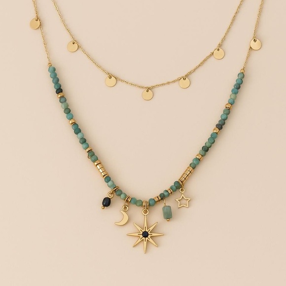 Anthropologie Jewelry - Bohemian Layered Beaded Necklace – Turquoise Stone & Charm Accents